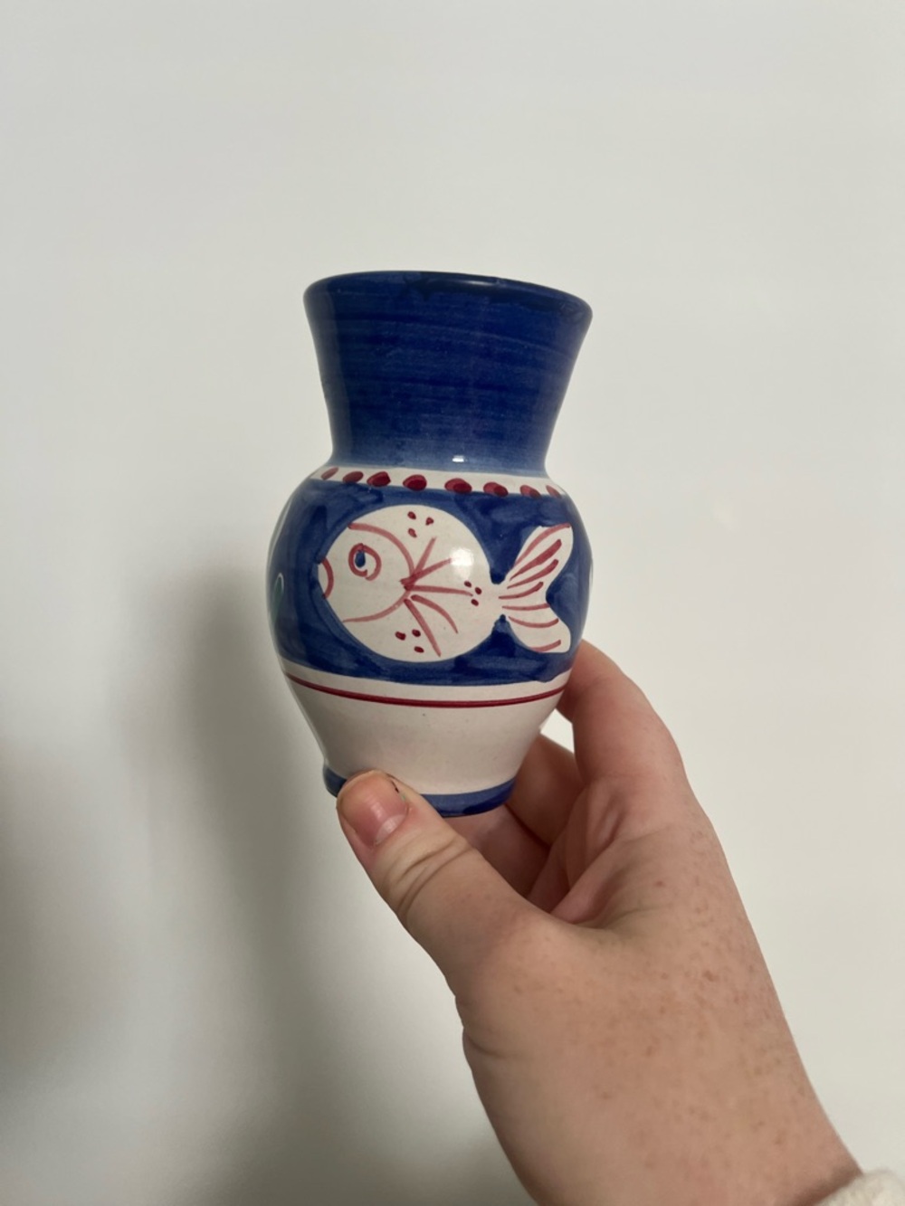 Rare vintage vietri solimene campagna fish mini vase. Blue and white pottery